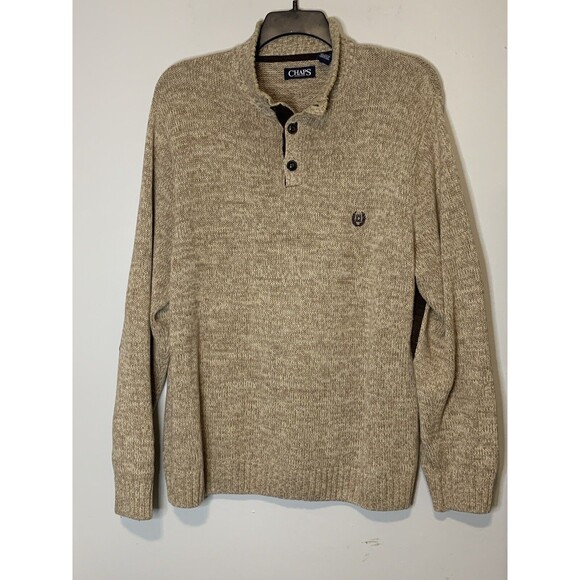 Chaps Knit Sweater Men's Corduroy Elbow Patches Tan Casual 100% Cotton, XL - Picture 2 of 7